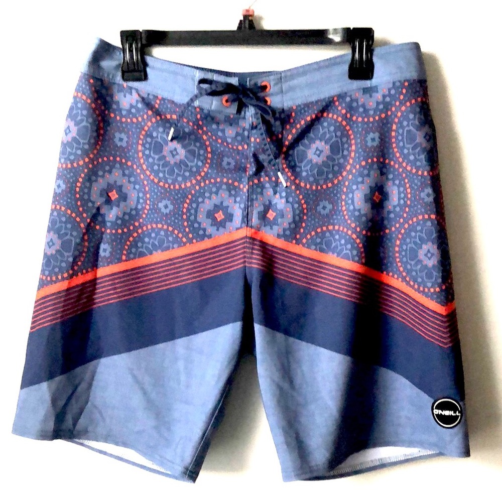O’Neill Blue Orange Hyperfreak Velcro Fly Adjustable String Board Shorts size 32